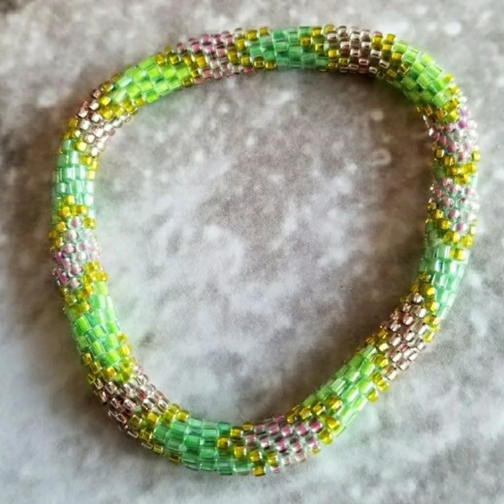 Roll on bracelet green seed bead pink peyote stitch glass beaded boho